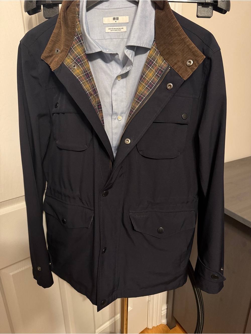Barbour Men’s Navy Field Jacket with Brown Corduroy Collar